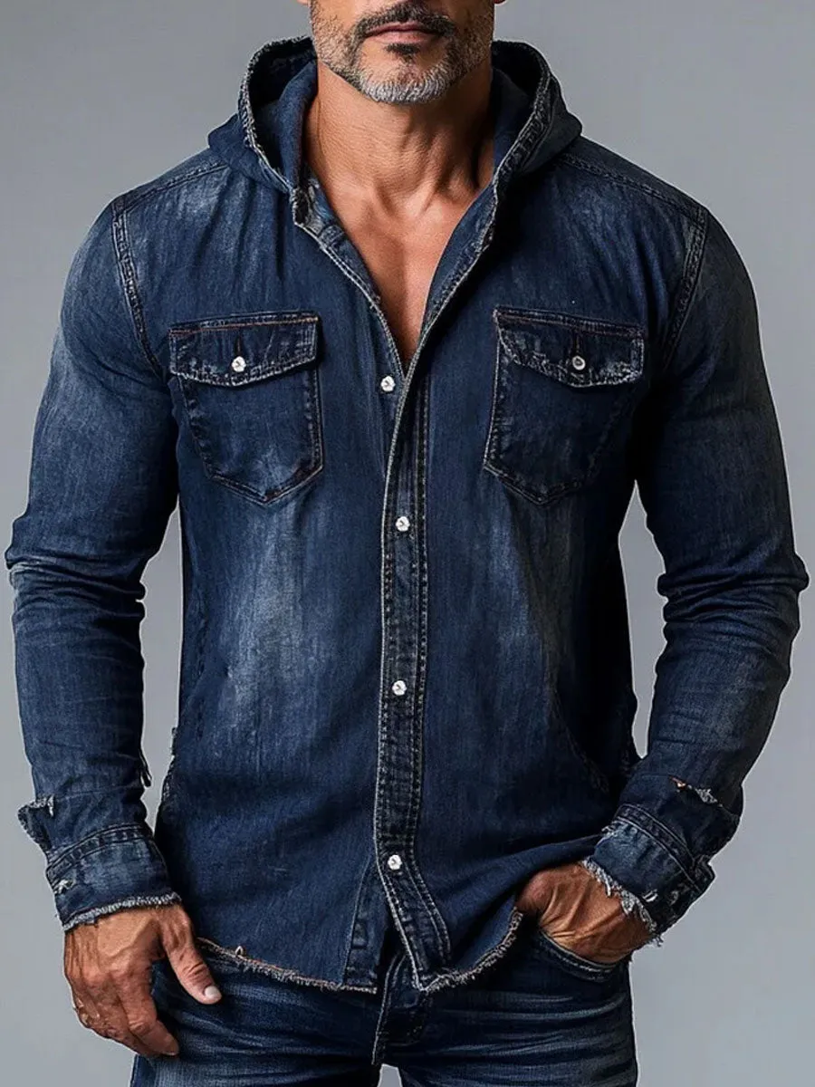Men's Double Pocket Vintage Hooded Denim Long Sleeve Shirt