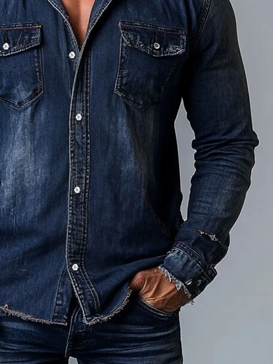 Men's Double Pocket Vintage Hooded Denim Long Sleeve Shirt