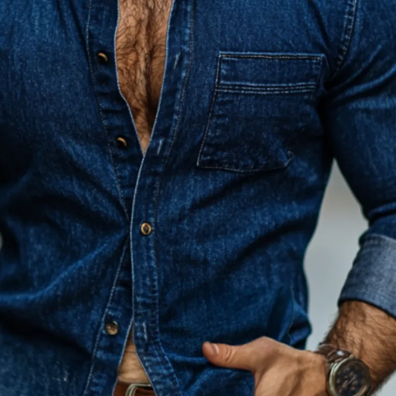 Men's Fashion Vintage Lapel Long-Sleeved Denim Shirt 07525165Y