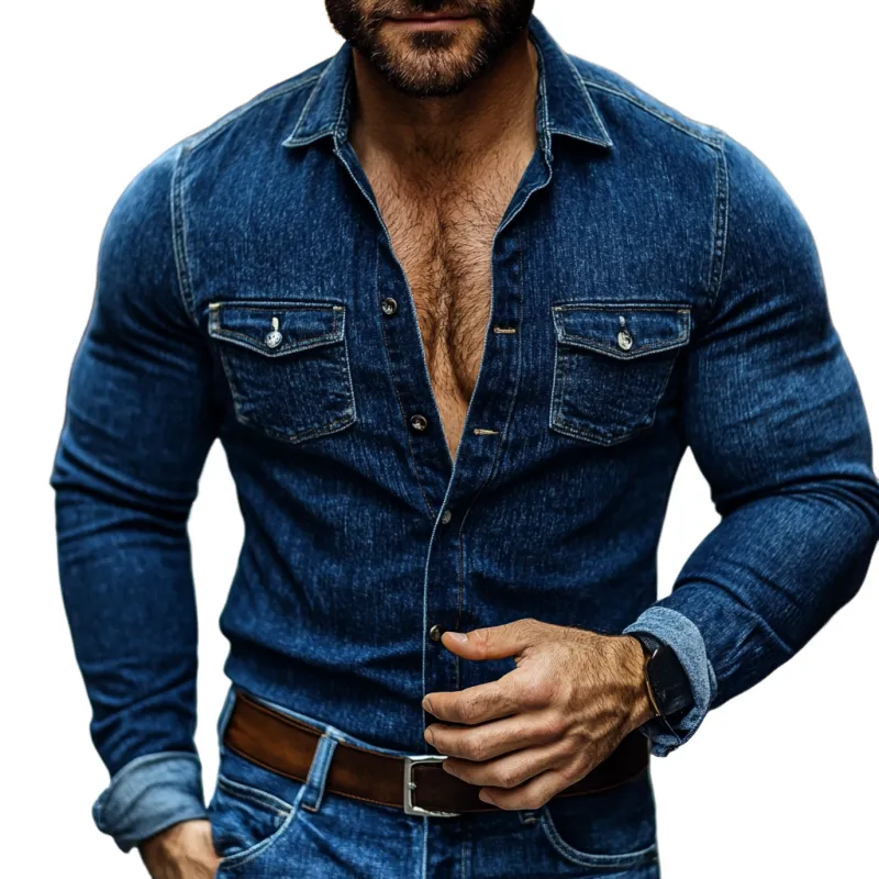Men's Fashion Vintage Lapel Long-Sleeved Denim Shirt 36364731Y