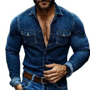 Men's Fashion Vintage Lapel Long-Sleeved Denim Shirt 36364731Y