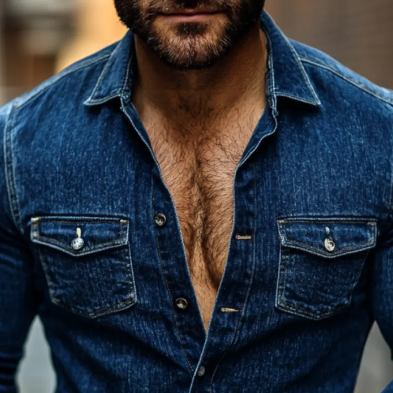 Men's Fashion Vintage Lapel Long-Sleeved Denim Shirt 36364731Y