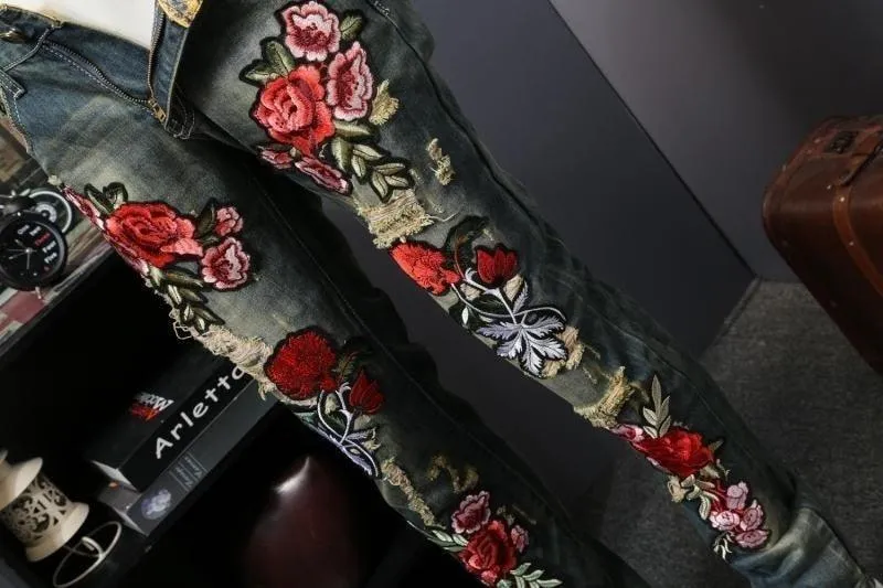 Men's Flower Embroidery Hip Hop Jeans