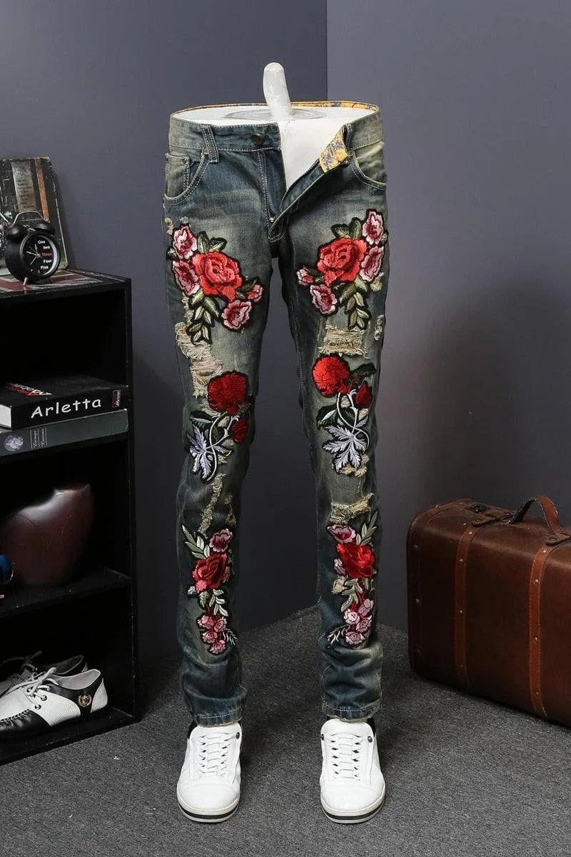 Men's Flower Embroidery Hip Hop Jeans