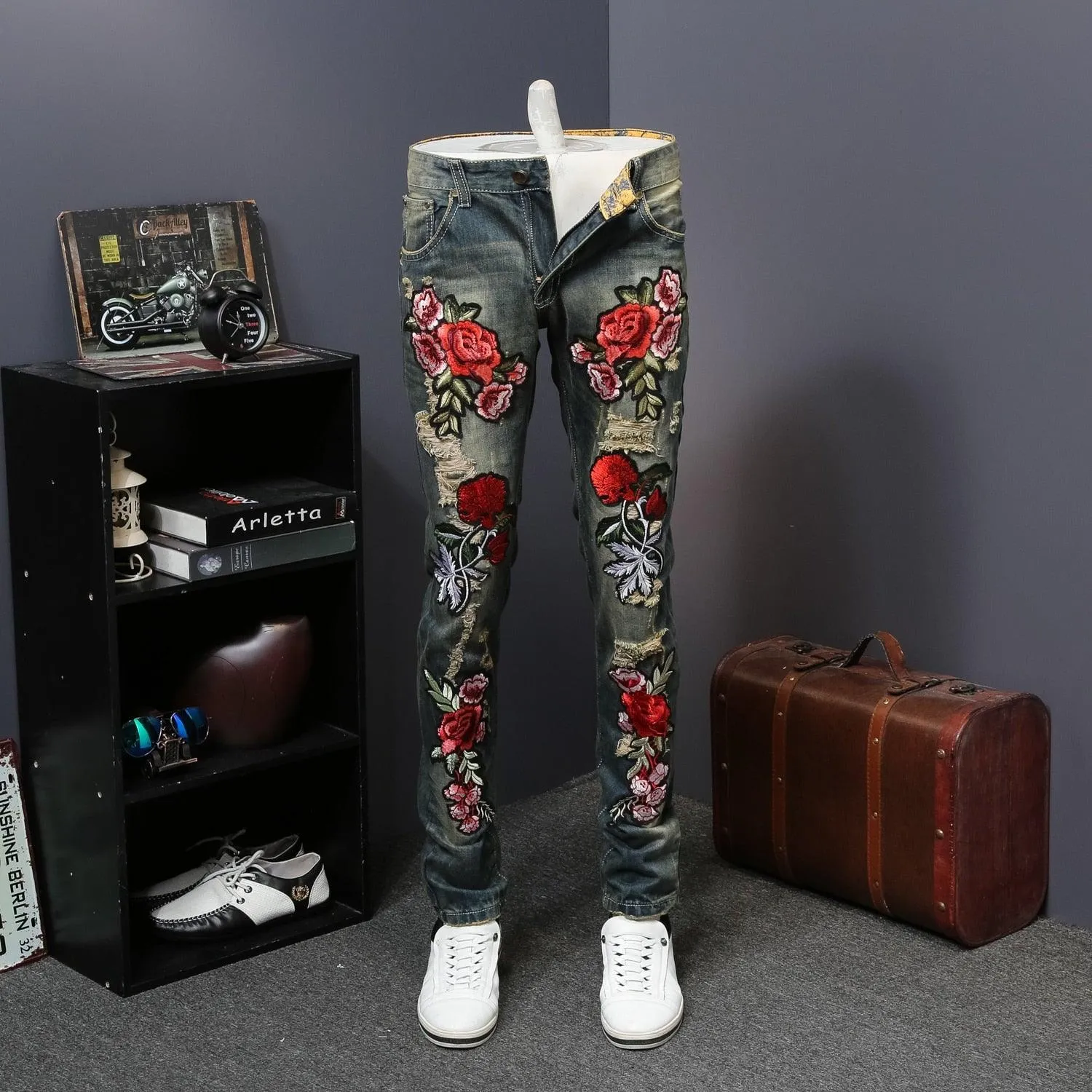 Men's Flower Embroidery Hip Hop Jeans