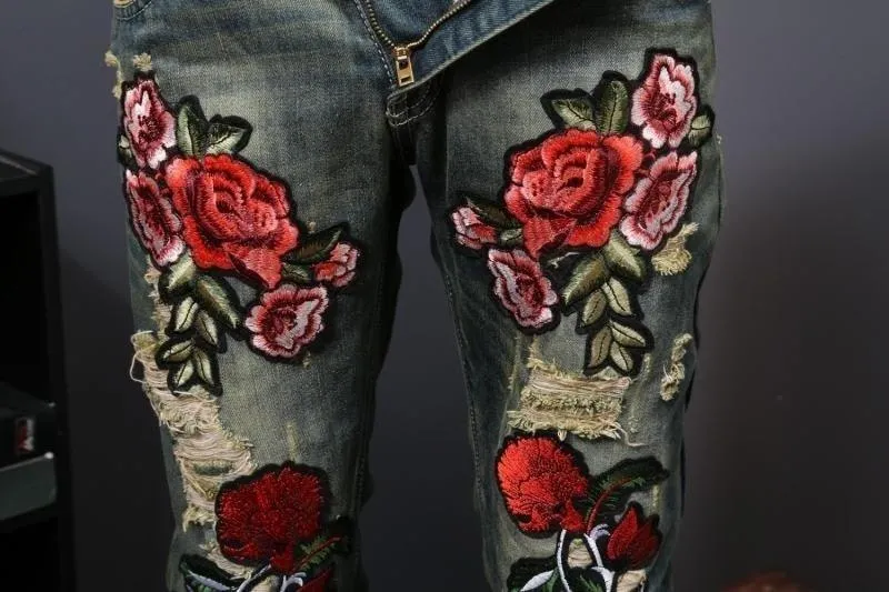 Men's Flower Embroidery Hip Hop Jeans