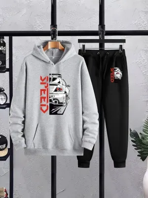 Men's Gray Fleece Hoodie Tracksuit - 2-Piece Set, Printed Design