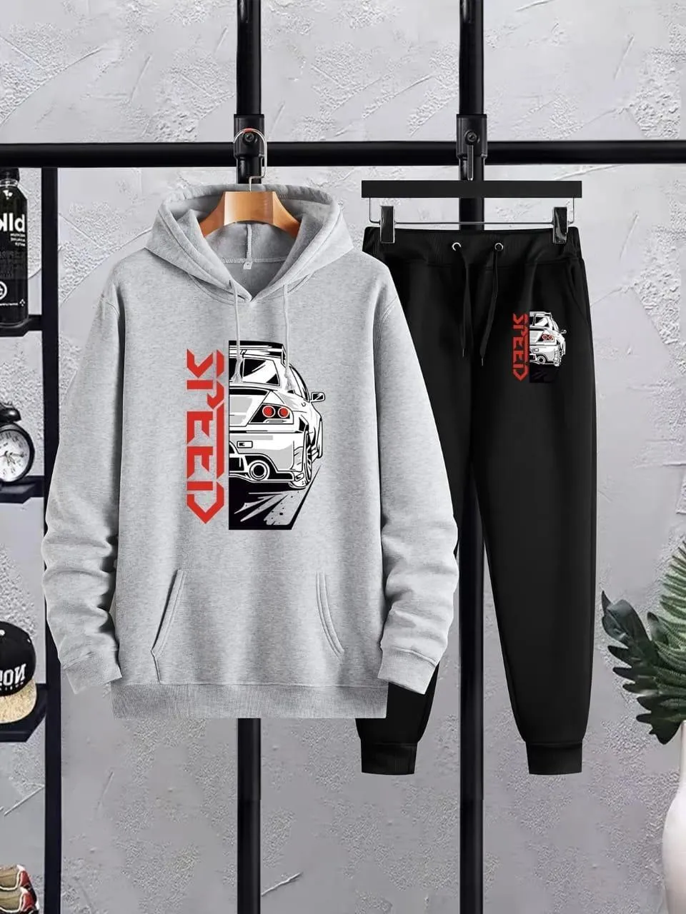 Men's Gray Fleece Hoodie Tracksuit - 2-Piece Set, Printed Design