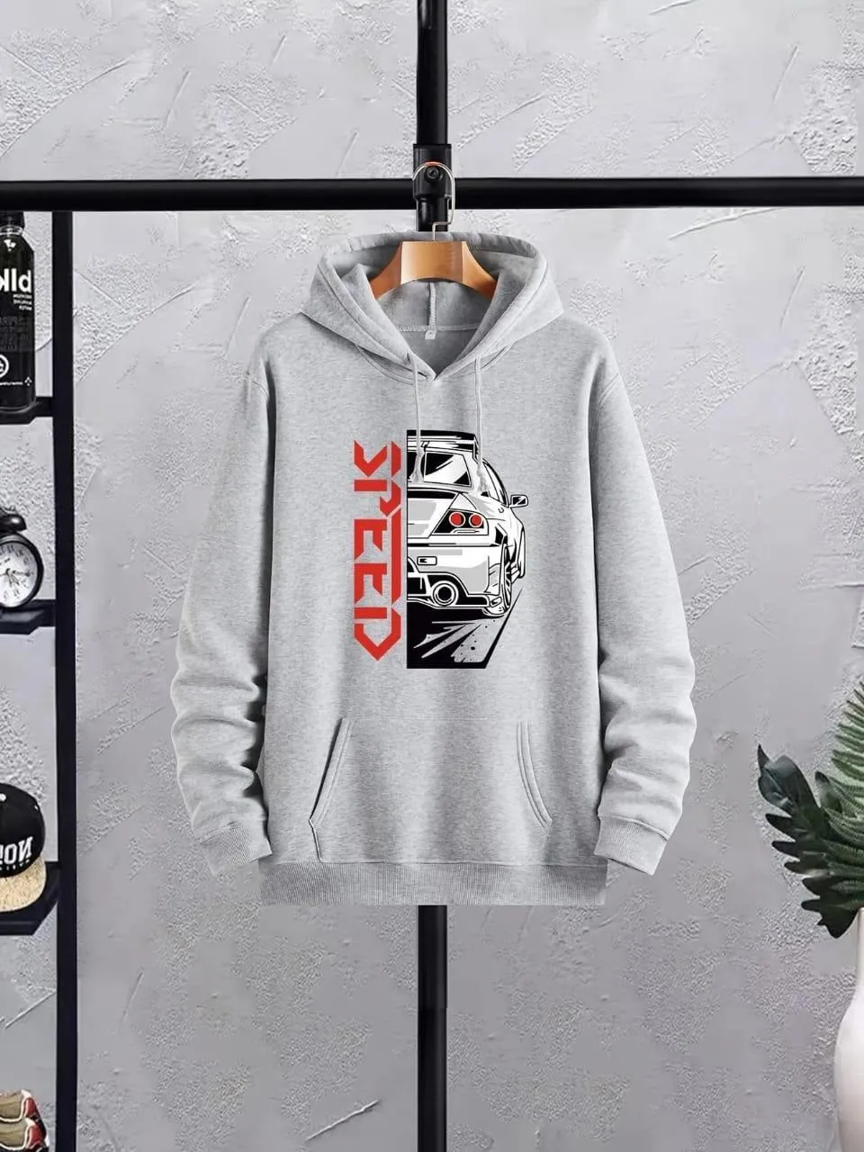 Men's Gray Fleece Hoodie Tracksuit - 2-Piece Set, Printed Design