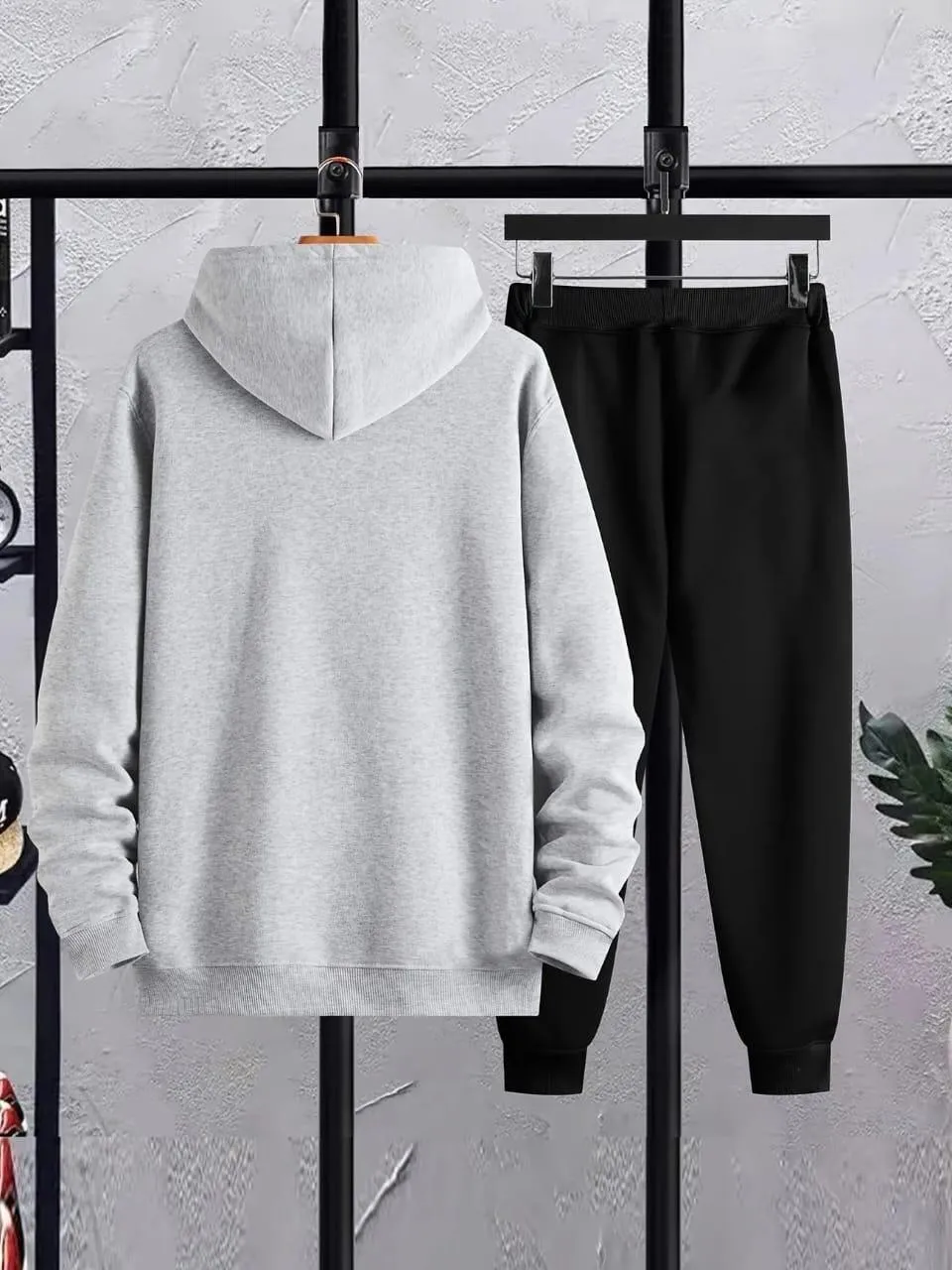 Men's Gray Fleece Hoodie Tracksuit - 2-Piece Set, Printed Design