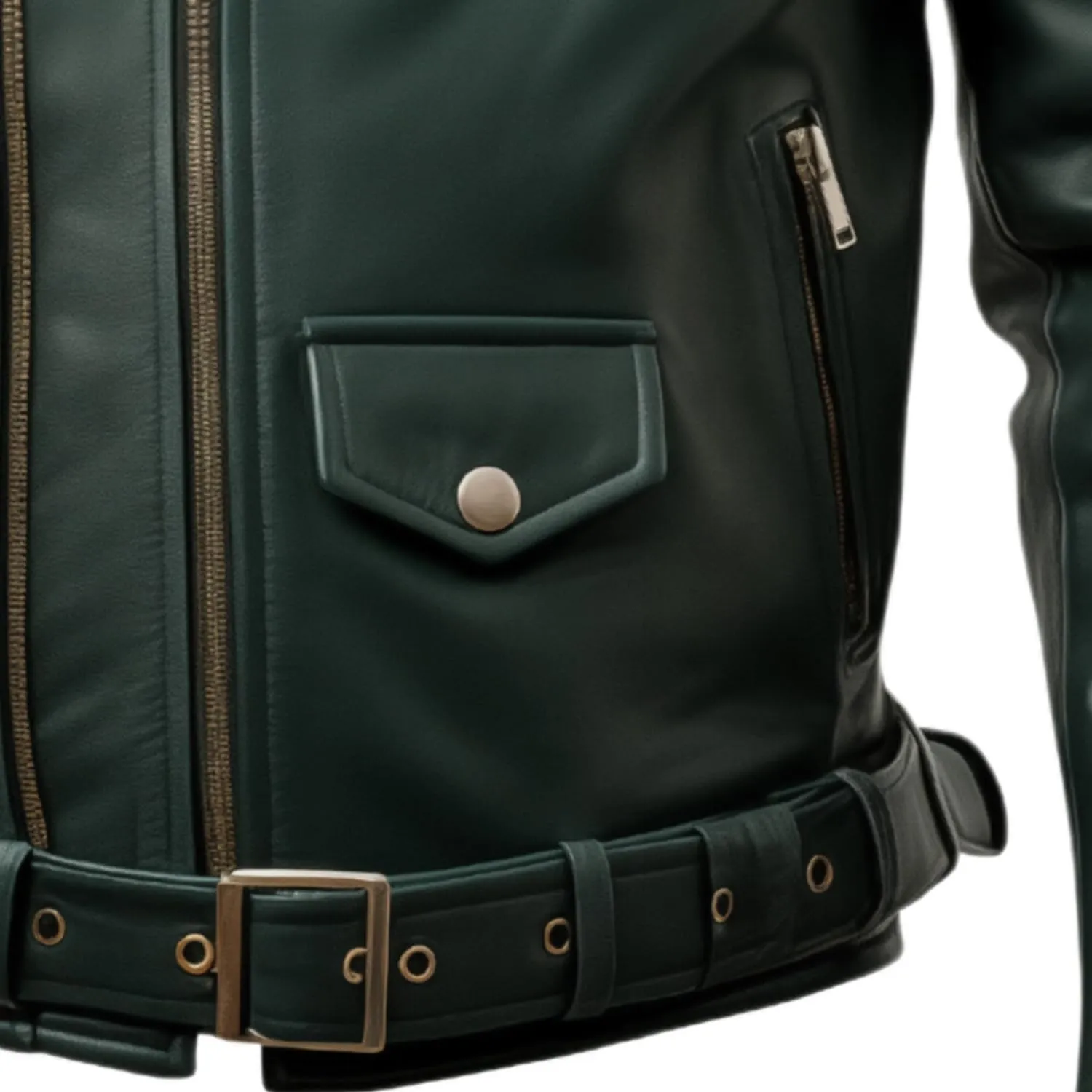 Men's Green Sheepskin Leather Jacket Slim Fit Belt Zip-Up Cafe Racer Moto Asymmetric Notch Lapel Biker Jacket