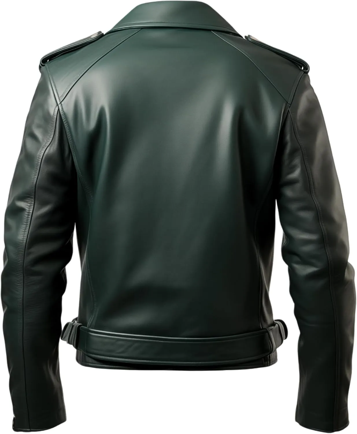 Men's Green Sheepskin Leather Jacket Slim Fit Belt Zip-Up Cafe Racer Moto Asymmetric Notch Lapel Biker Jacket