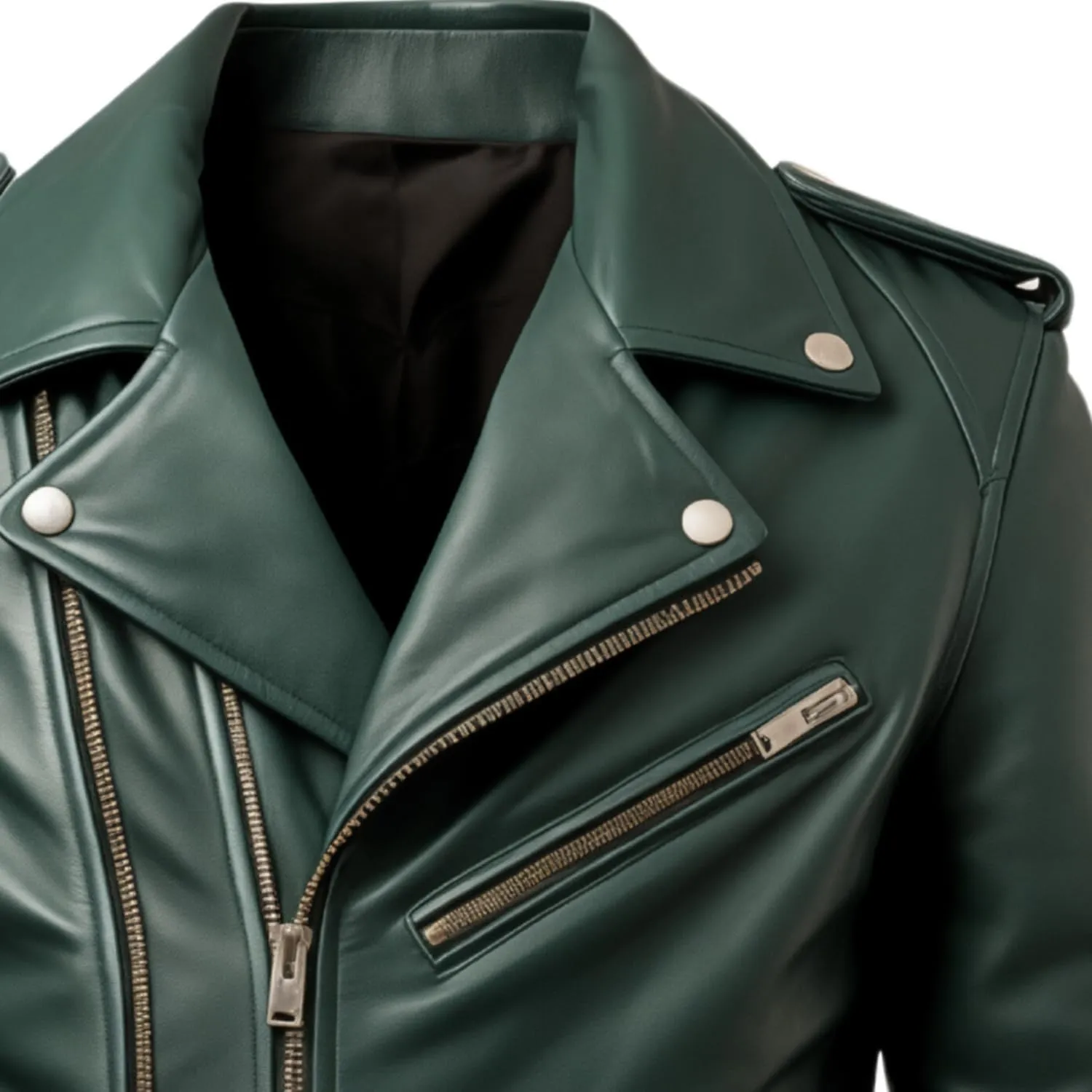Men's Green Sheepskin Leather Jacket Slim Fit Belt Zip-Up Cafe Racer Moto Asymmetric Notch Lapel Biker Jacket