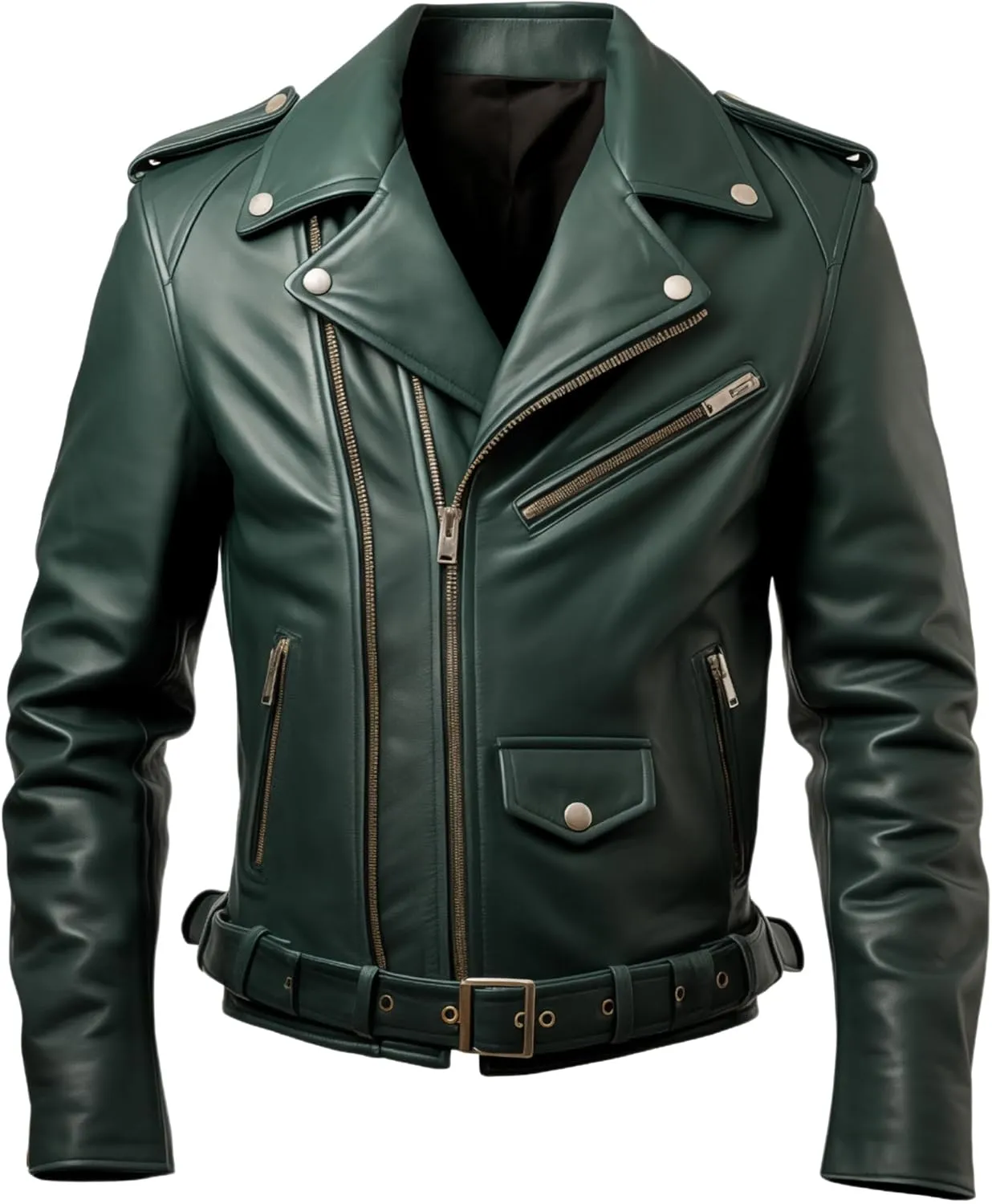 Men's Green Sheepskin Leather Jacket Slim Fit Belt Zip-Up Cafe Racer Moto Asymmetric Notch Lapel Biker Jacket