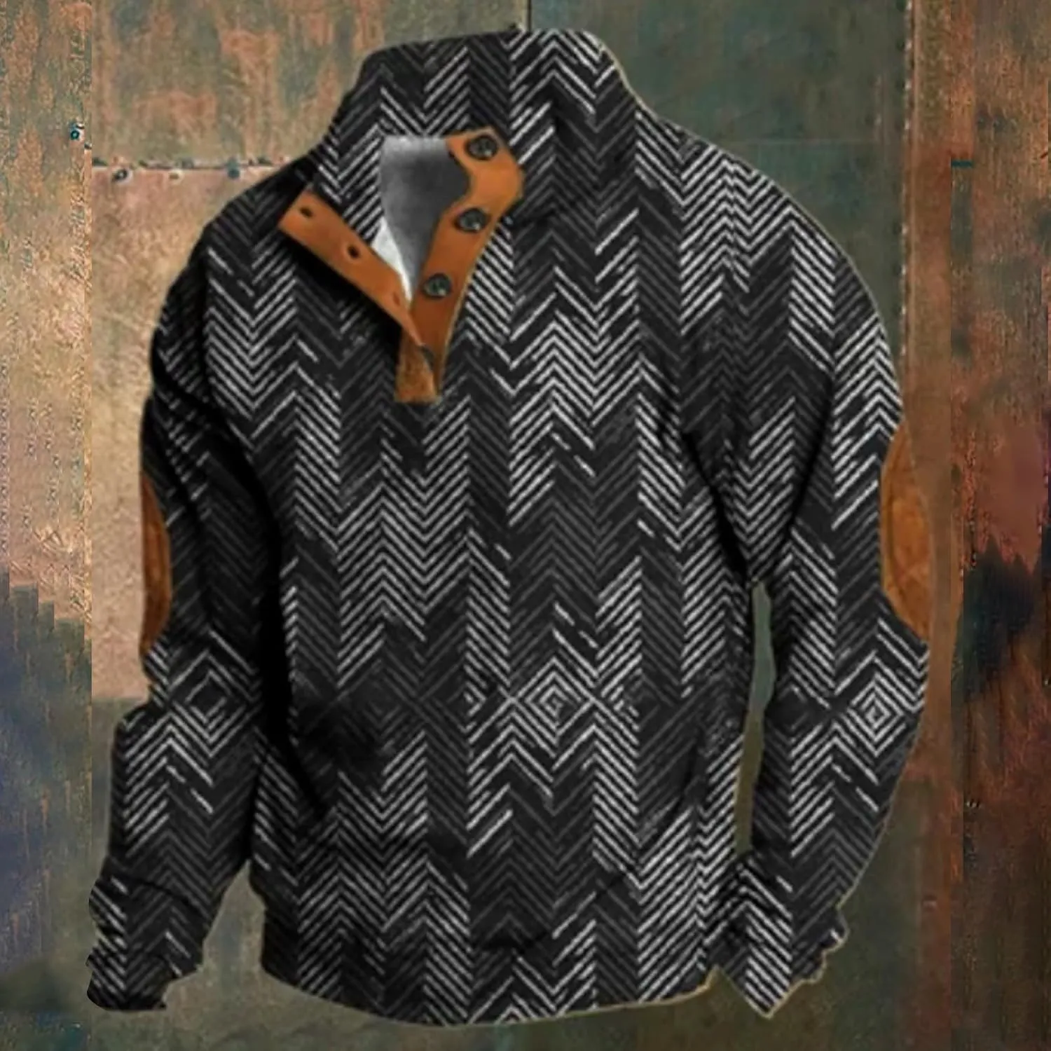 Mens Henley Sweatshirts Elbow Patches Thermal Button Loose Fit Pullover Fall Long Sleeve Casual Print Sweaters