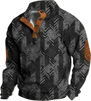 Mens Henley Sweatshirts Elbow Patches Thermal Button Loose Fit Pullover Fall Long Sleeve Casual Print Sweaters