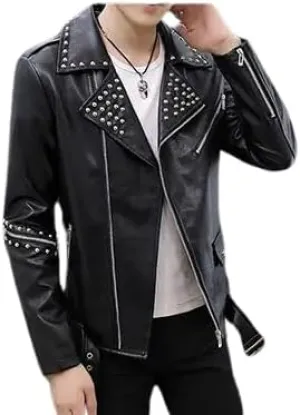 Mens Leather Jacket Biker Genuine Sheepskin Studded Causal Slim Fit Cafe Motorcycle Racer Moto Sporty Asymmetric