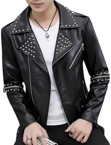 Mens Leather Jacket Biker Genuine Sheepskin Studded Causal Slim Fit Cafe Motorcycle Racer Moto Sporty Asymmetric