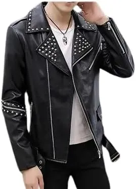 Mens Leather Jacket Biker Genuine Sheepskin Studded Causal Slim Fit Cafe Motorcycle Racer Moto Sporty Asymmetric