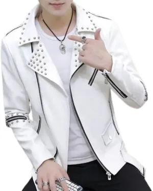 Mens Leather Jacket Biker Genuine Sheepskin Studded Causal Slim Fit Cafe Motorcycle Racer Moto Sporty Asymmetric