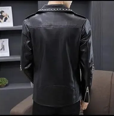 Mens Leather Jacket Biker Genuine Sheepskin Studded Causal Slim Fit Cafe Motorcycle Racer Moto Sporty Asymmetric