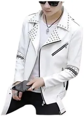 Mens Leather Jacket Biker Genuine Sheepskin Studded Causal Slim Fit Cafe Motorcycle Racer Moto Sporty Asymmetric