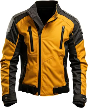 Mens Mustard Black Genuine Sheepskin Asymmetric Stand Collar Soft Riding Moto Zip-up Classy Biker Leather Jacket