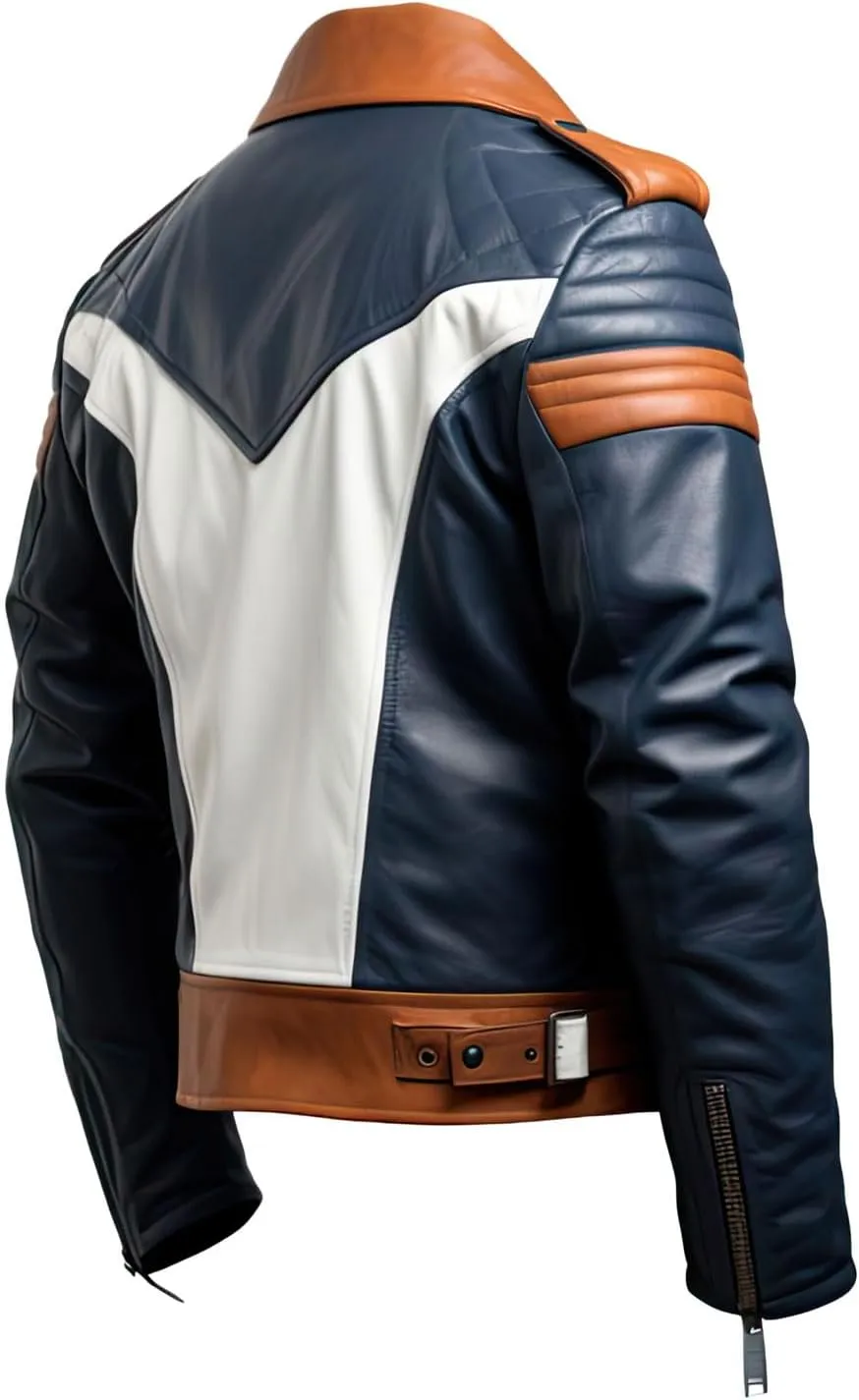 Mens Navy Blue Brown Genuine Sheepskin Biker Lapel Collar Asymmetric Multi-Zippered Stylish Moto Leather Jacket