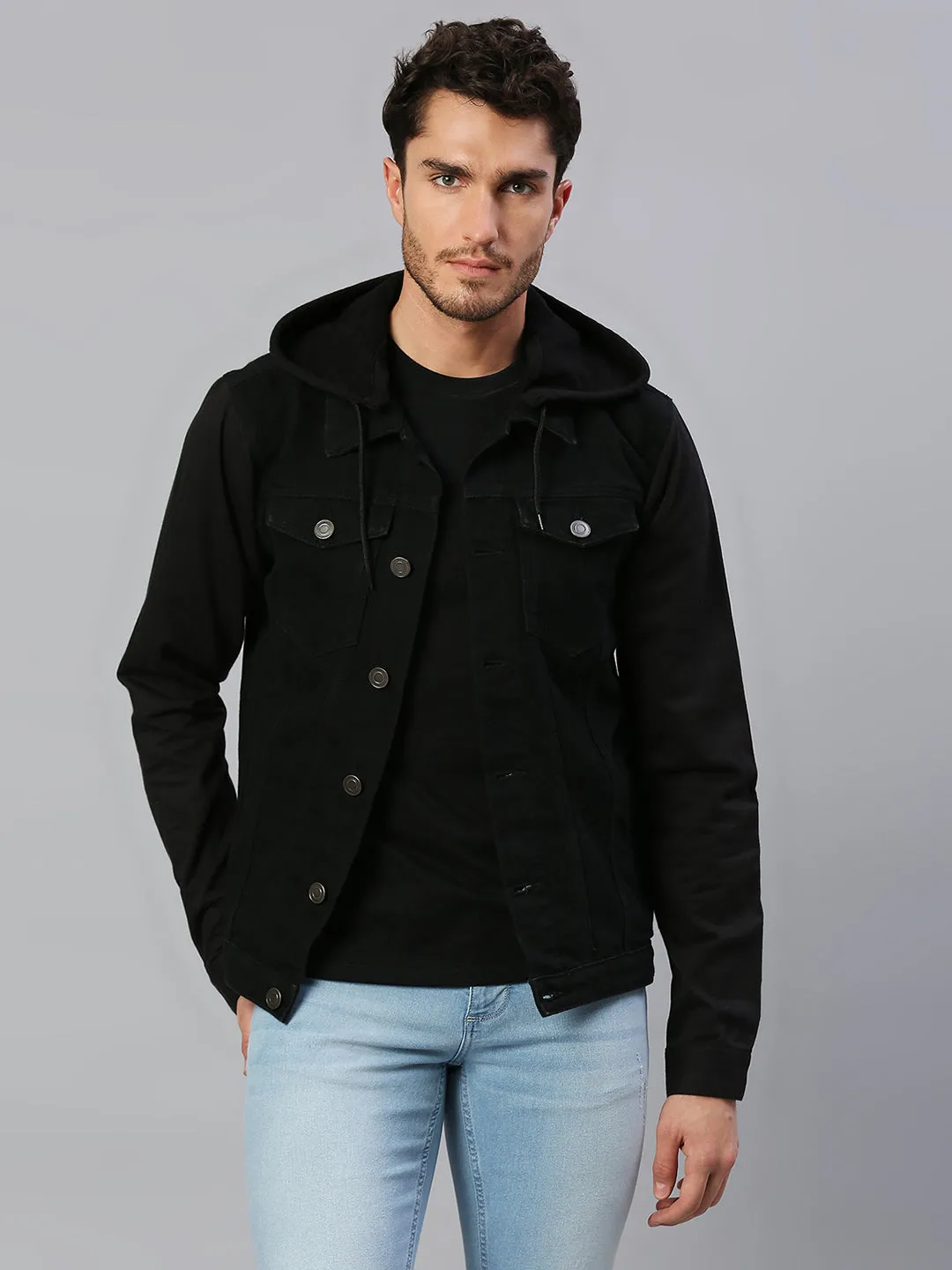 Men's Regular Fit Long Sleeve Button Down Hooded Denim Jacket Lightweight Trucker Jacket (Black)