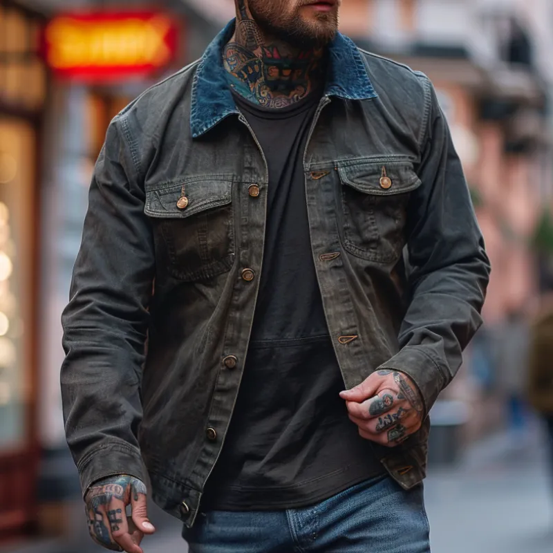 Men's Retro Casual Lapel Colorblock Denim Jacket 62242400F