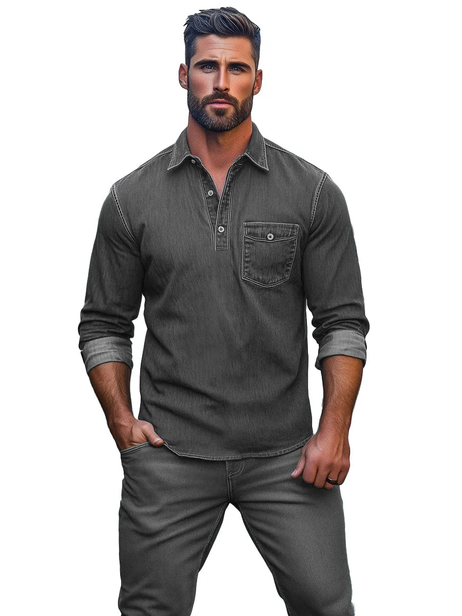 Men's Retro Single Pocket Denim Long Sleeve Polo Shirt