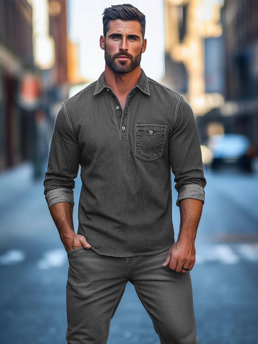 Men's Retro Single Pocket Denim Long Sleeve Polo Shirt
