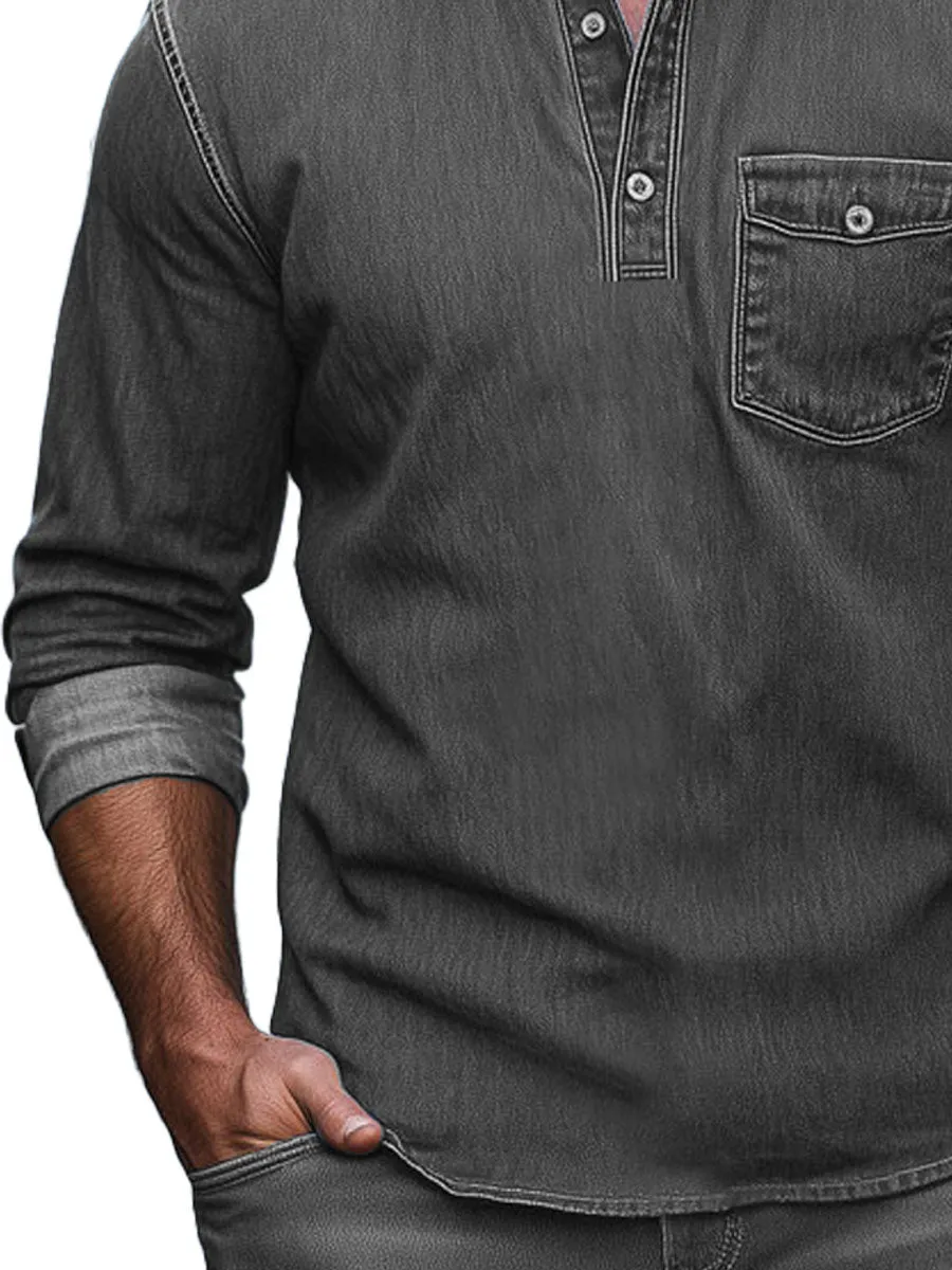 Men's Retro Single Pocket Denim Long Sleeve Polo Shirt