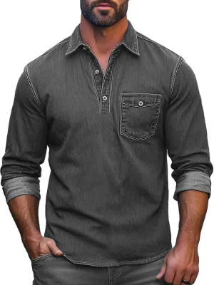 Men's Retro Single Pocket Denim Long Sleeve Polo Shirt