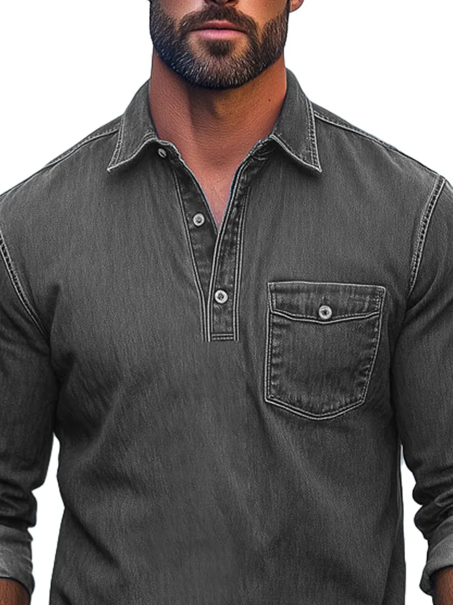 Men's Retro Single Pocket Denim Long Sleeve Polo Shirt