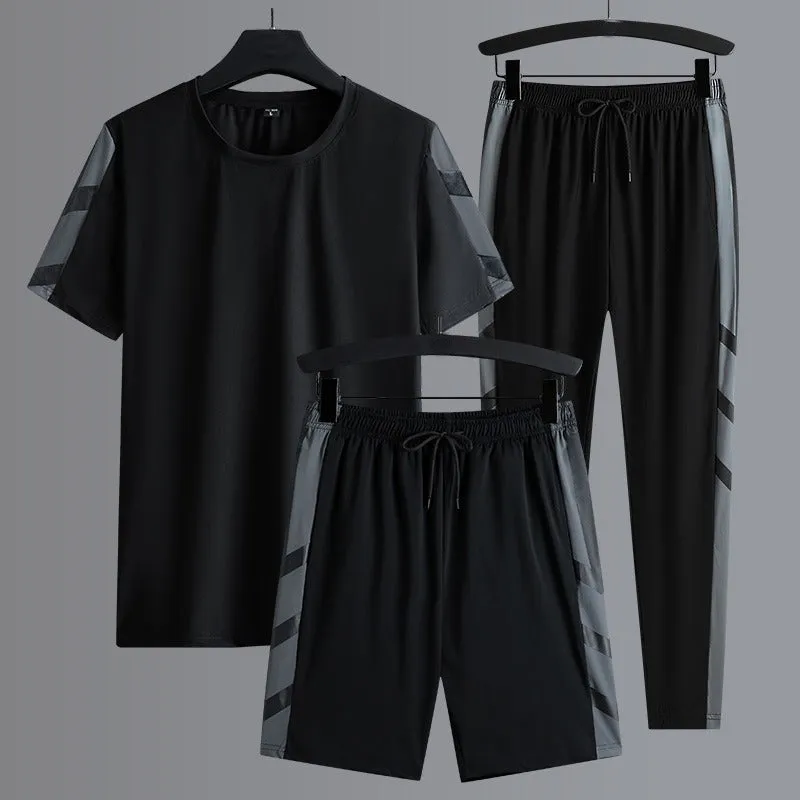 Men's Set Clothes 3 Pieces T Shirt Short Sleeve Solid Color Summer Sets | 1083