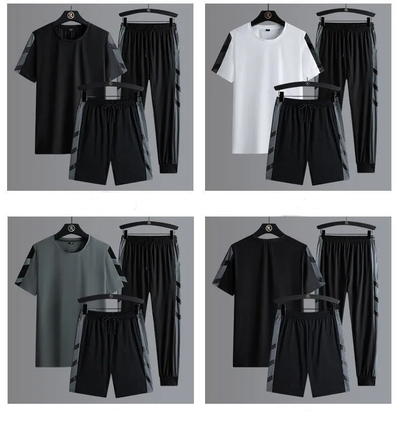 Men's Set Clothes 3 Pieces T Shirt Short Sleeve Solid Color Summer Sets | 1083
