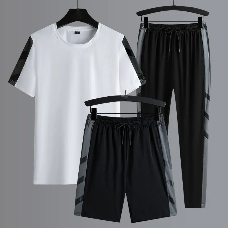 Men's Set Clothes 3 Pieces T Shirt Short Sleeve Solid Color Summer Sets | 1083