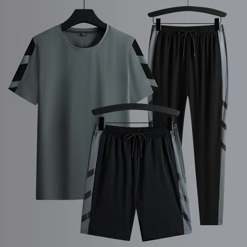 Men's Set Clothes 3 Pieces T Shirt Short Sleeve Solid Color Summer Sets | 1083