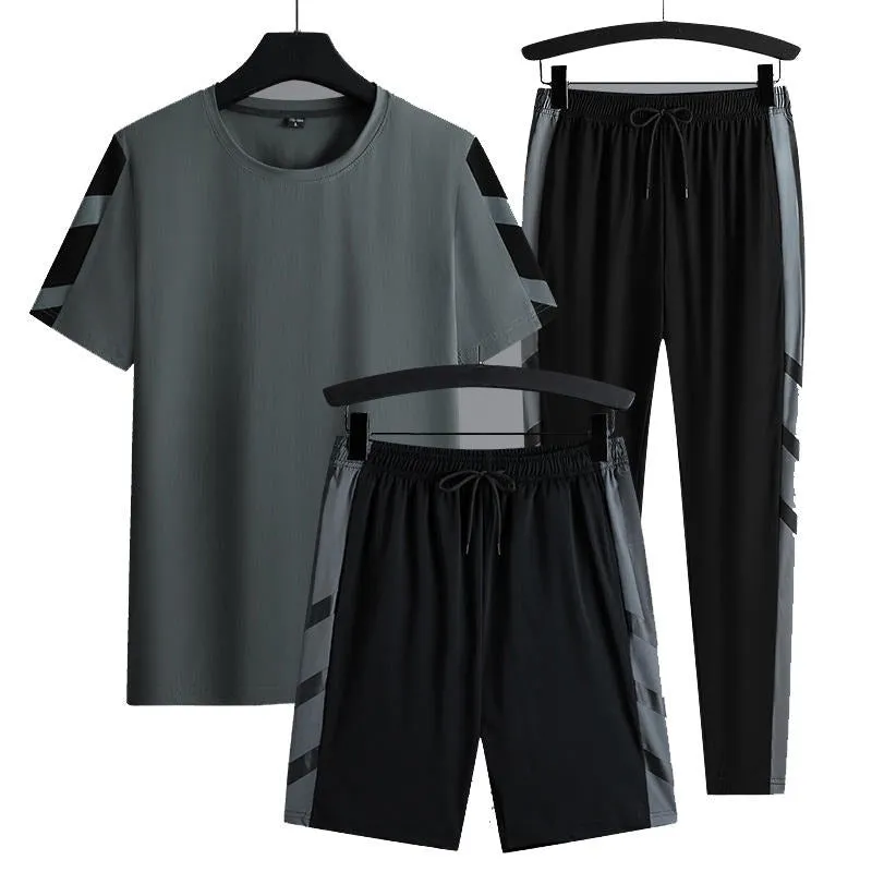 Men's Set Clothes 3 Pieces T Shirt Short Sleeve Solid Color Summer Sets | 1083
