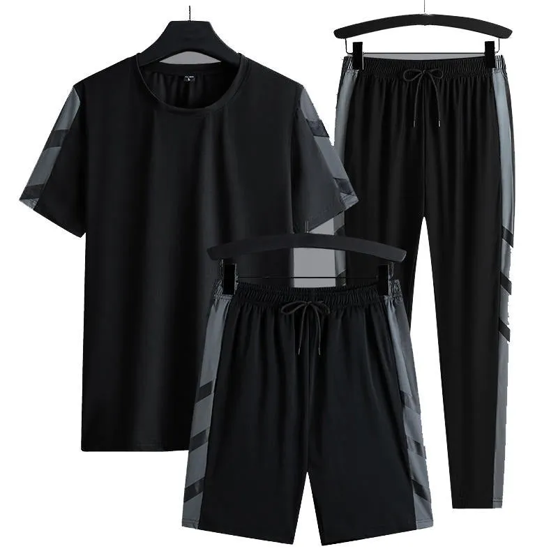 Men's Set Clothes 3 Pieces T Shirt Short Sleeve Solid Color Summer Sets | 1083