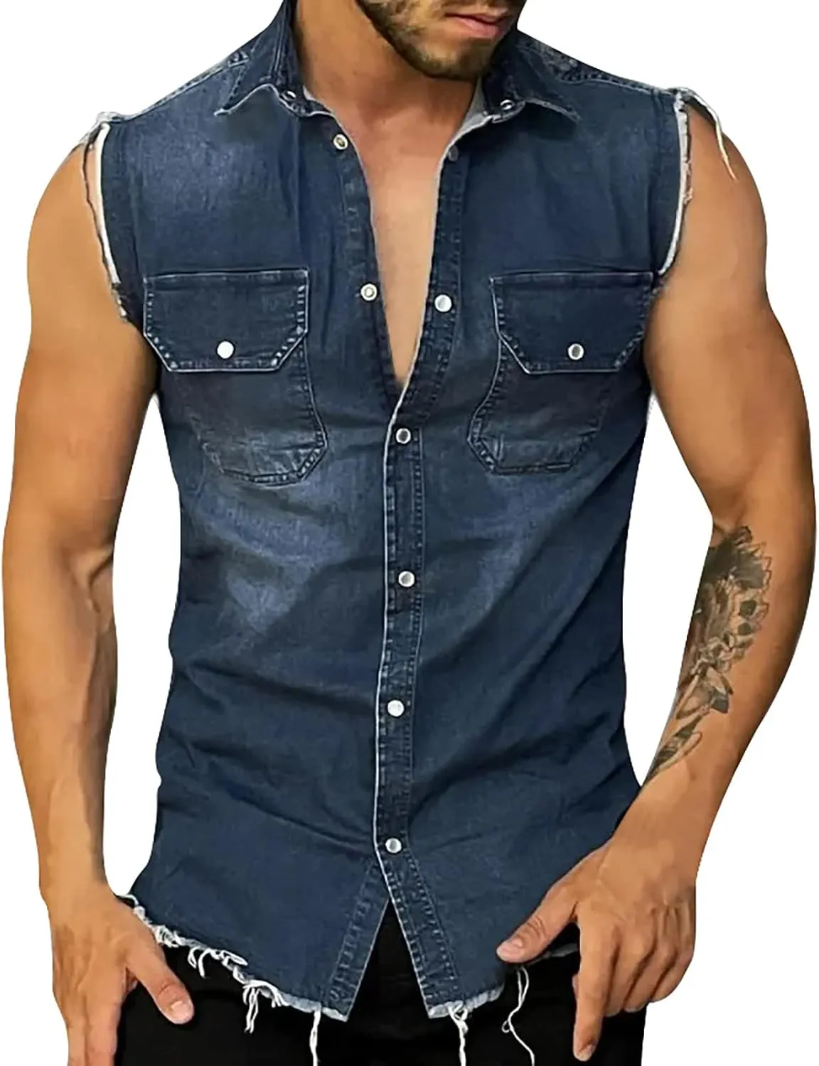 Mens Sleeveless Denim Jacket Outdoor Tactical Street Trend Jacket Vintage Destroy Ripped Muscle Fit Fashion Casual Lapel Vest