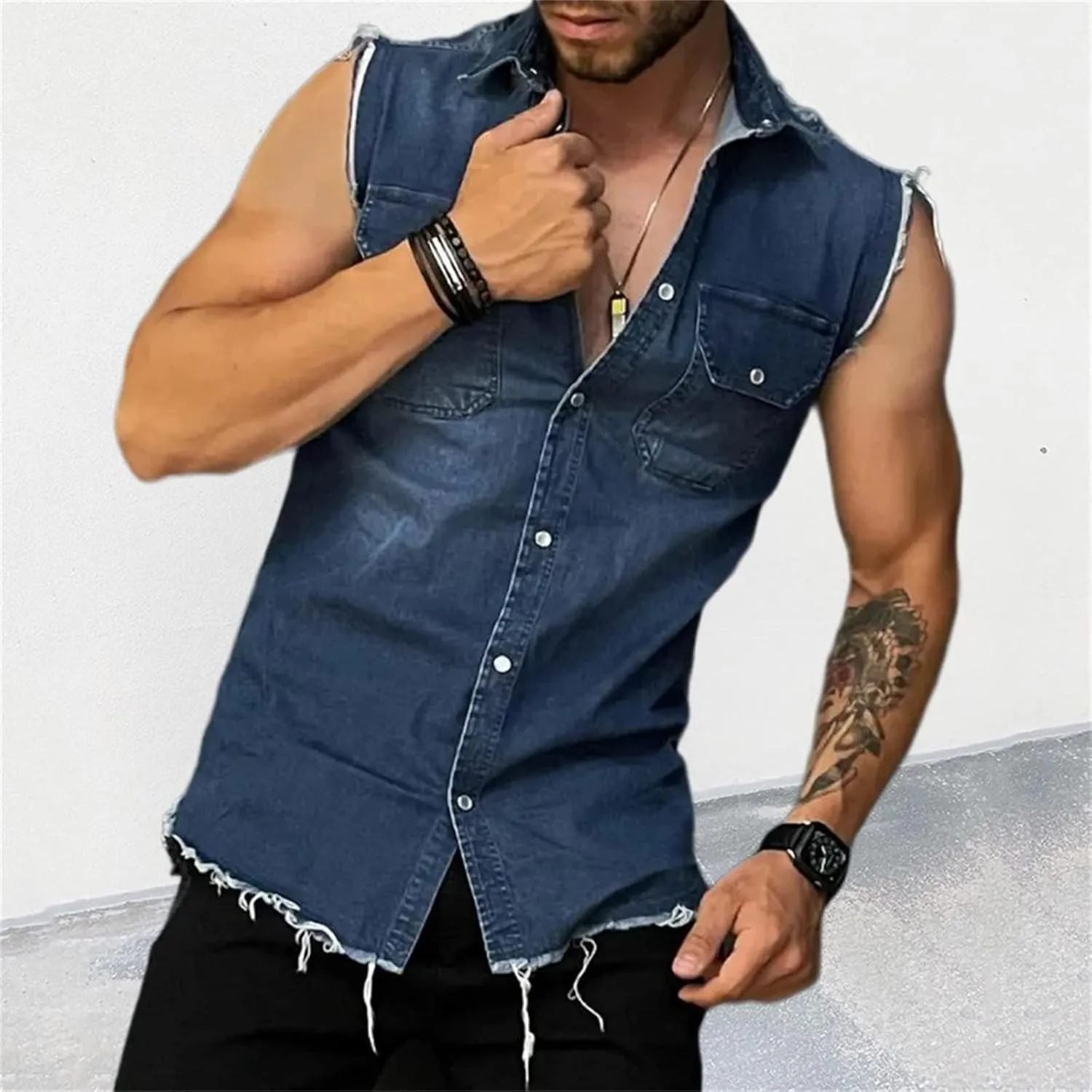 Mens Sleeveless Denim Jacket Outdoor Tactical Street Trend Jacket Vintage Destroy Ripped Muscle Fit Fashion Casual Lapel Vest