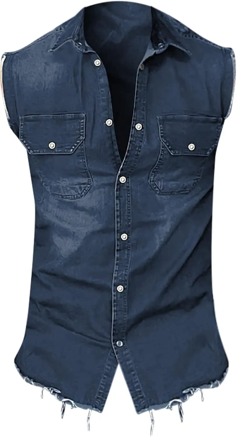 Mens Sleeveless Denim Jacket Outdoor Tactical Street Trend Jacket Vintage Destroy Ripped Muscle Fit Fashion Casual Lapel Vest
