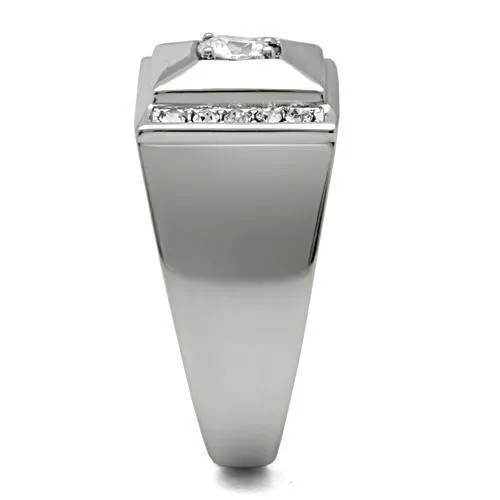 Mens Square Stacked Stainless Steel Cubic Zirconia Ring