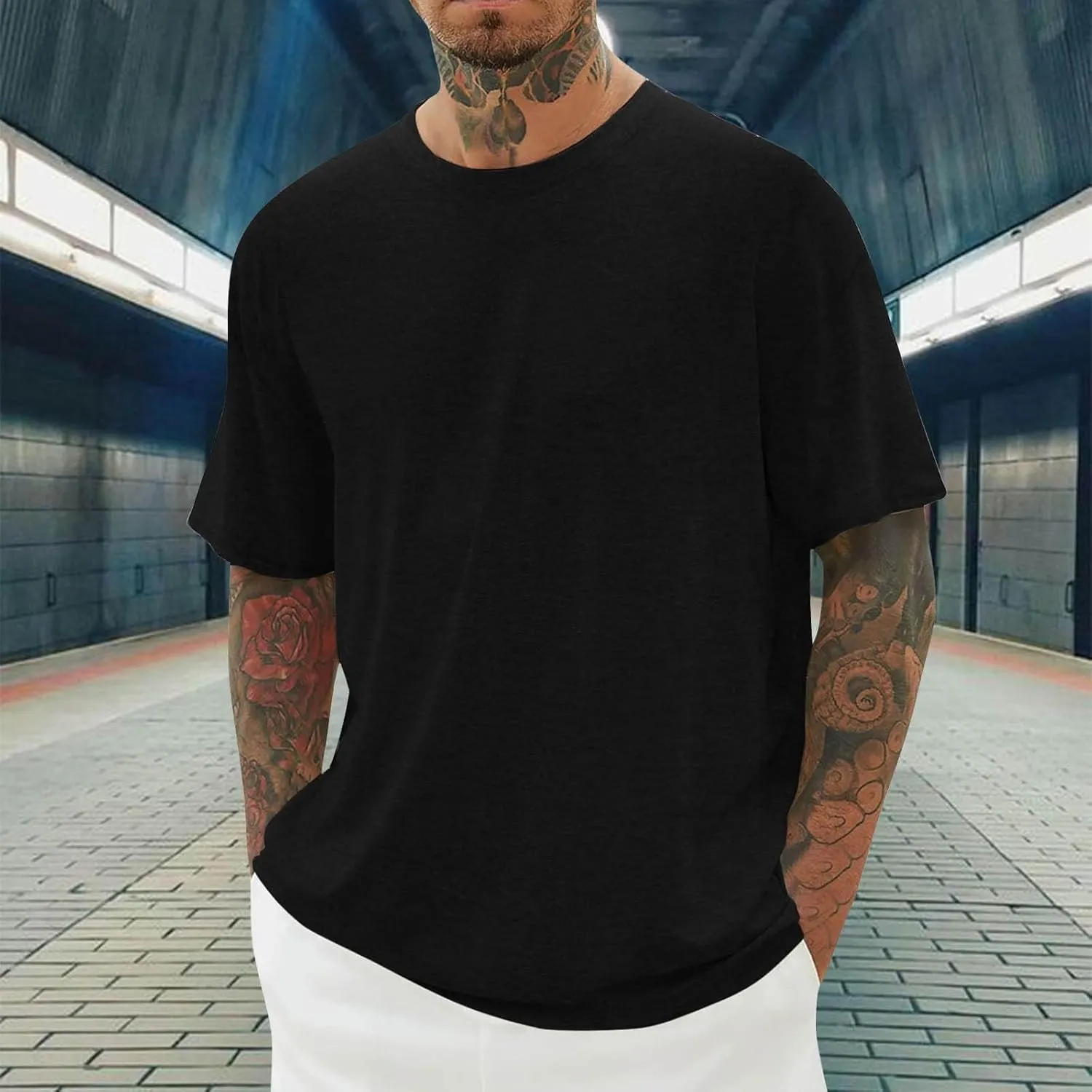 Men's Summer Tops Heavy Weight Crew Neck Short Sleeve Tee Shirt Stylish Stretch Athletic Oversized Solid Pullover Tees