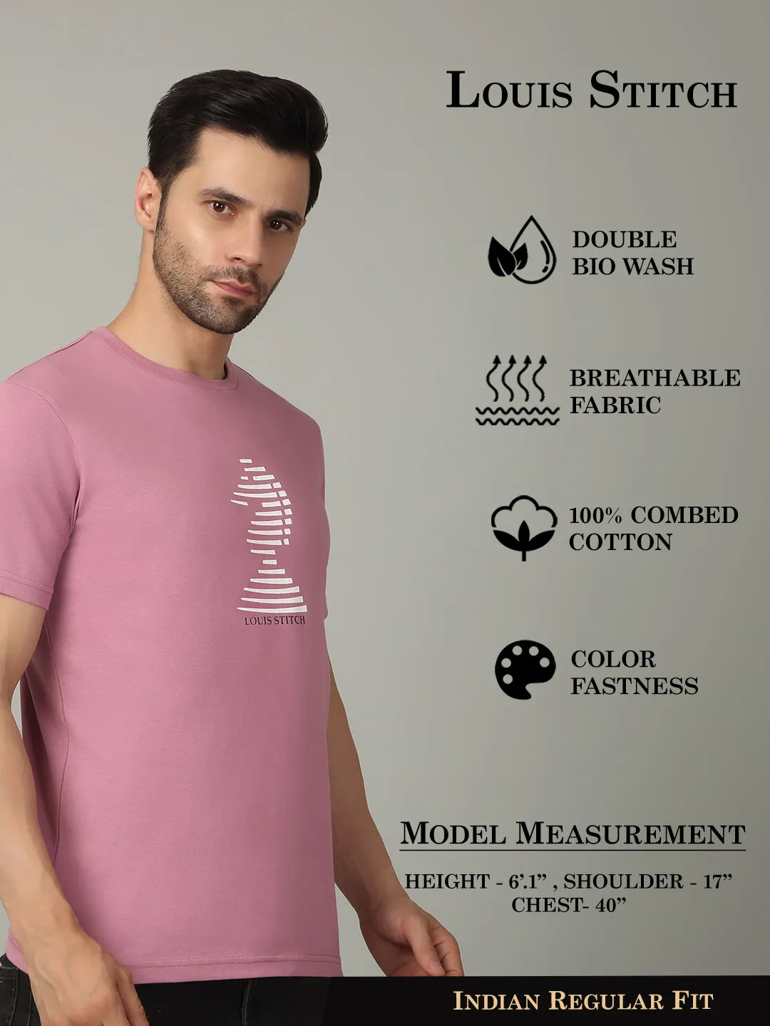 Men's Super Combed Cotton Printed Pink T-shirt