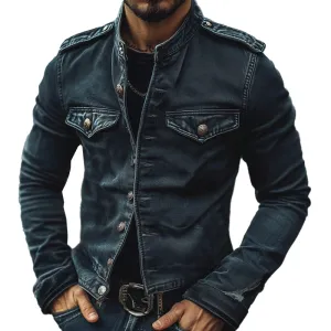 Men's Vintage Stand Collar Denim Jacket 75697045X