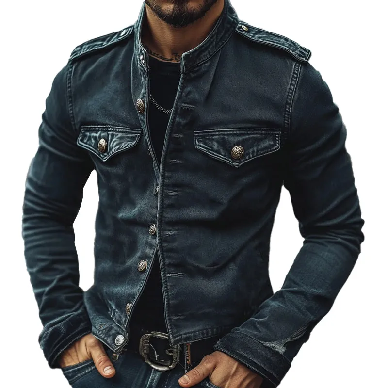 Men's Vintage Stand Collar Denim Jacket 75697045X