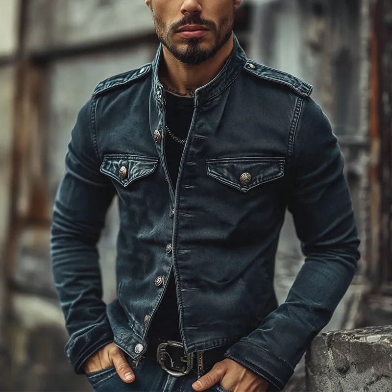 Men's Vintage Stand Collar Denim Jacket 75697045X